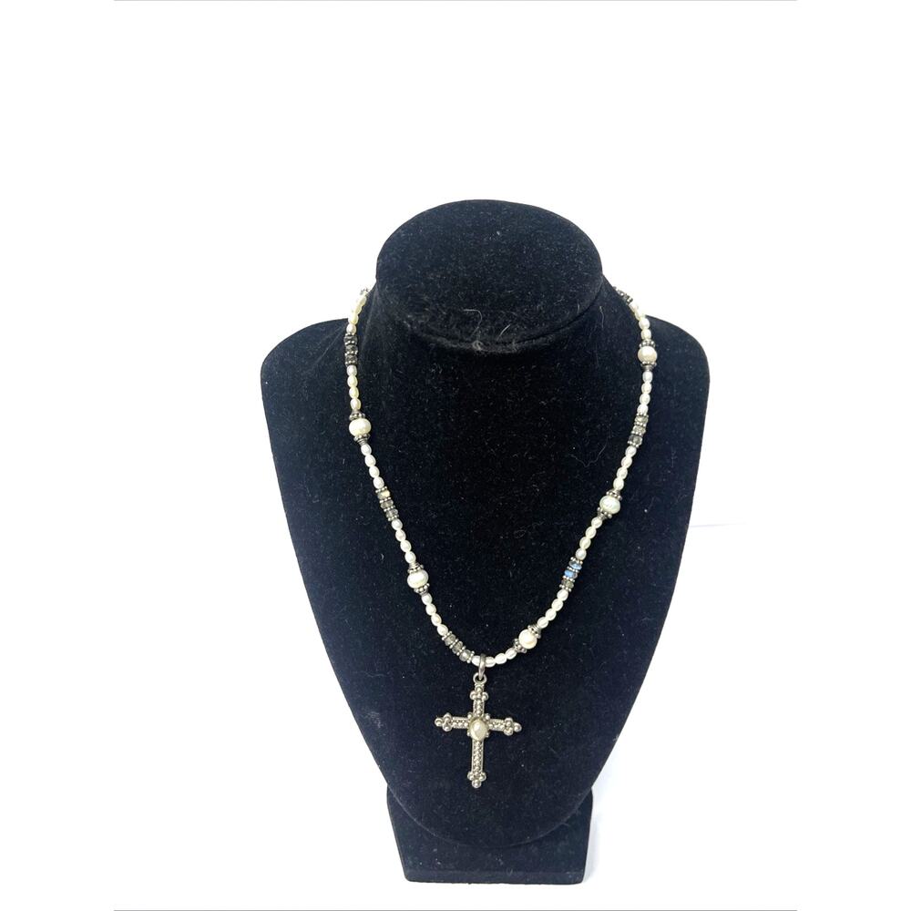 Vintage 925 Sterling Silver Pearl & Glass Bead Cross Necklace Religious Jewelry